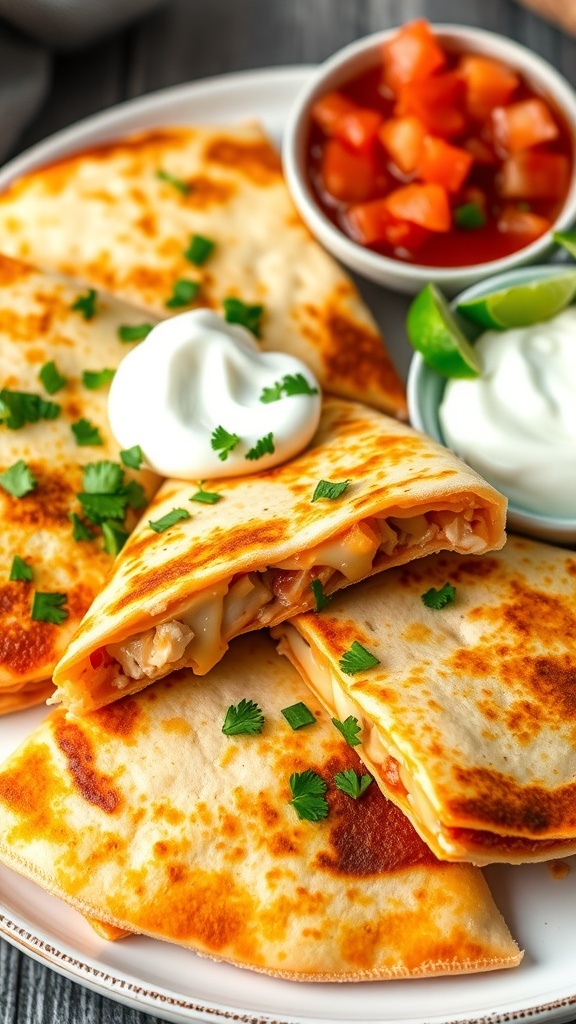 Golden chicken quesadillas cut into wedges, garnished with cilantro, served with salsa and sour cream.